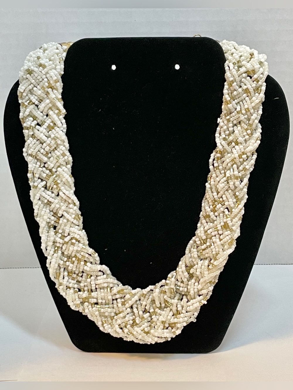 VTG Statement White Gold Braided Seed Bead Strand Collar Necklace Chunky 21”